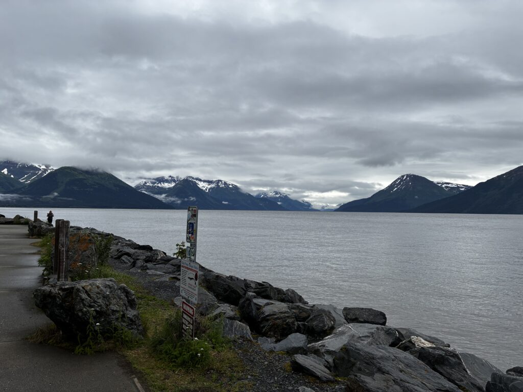 Paved highway winding through green trees with mountain peaks under overcast skies, Seward Highway